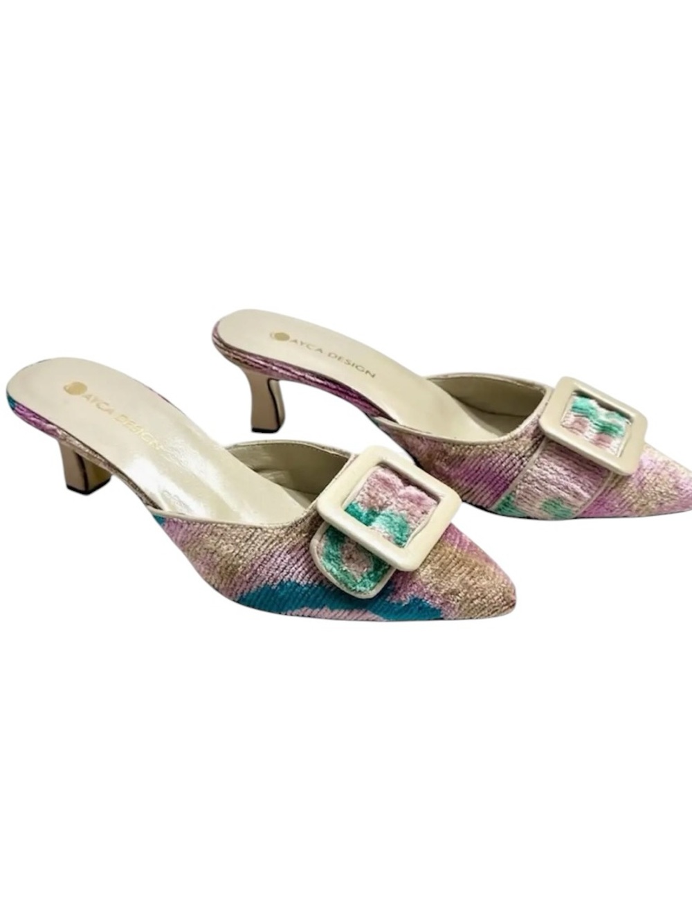 New AYCA DESIGN Silk Velvet Ikat Kitten Heel Slide Beige, Pink, Green Size 8/39